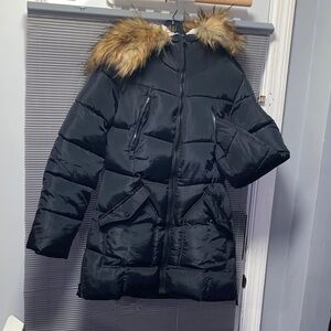 bebe Black Puffer Jacket with Faux Fur Trim